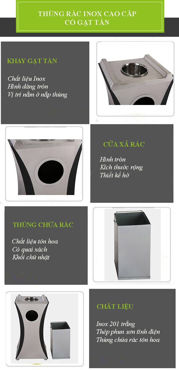 Hình ảnh mô tả chi tiết đặc điểm thùng rác inox sảnh khách sạn có gạt tàn