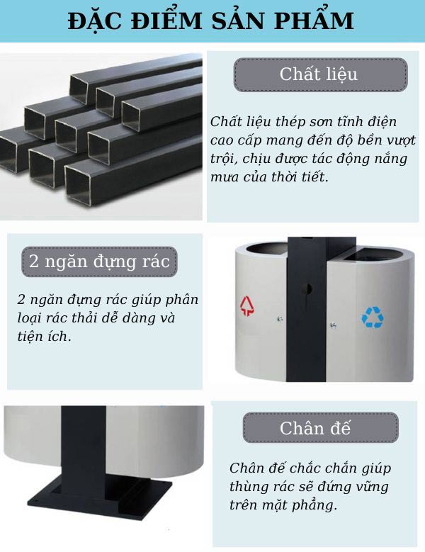 Hình ảnh mô tả chi tiết thùng rác treo đôi ngoài trời