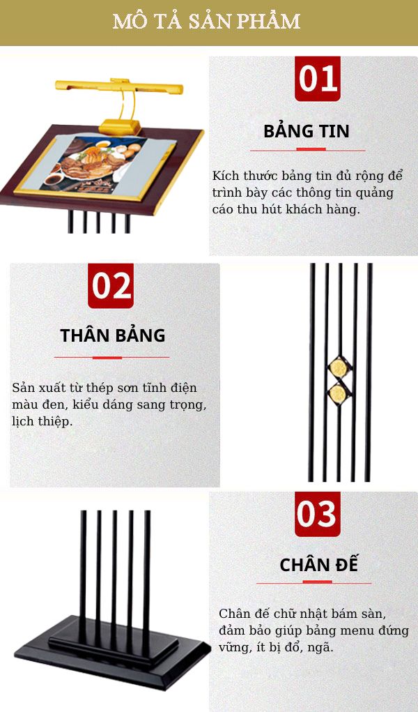 Hình ảnh mô tả chi tiết bảng menu có đèn chiếu sáng