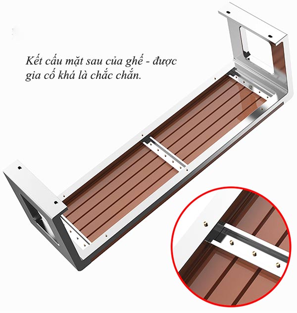 Mặt sau ghế băng công viên 1m5 được gia cố chắc chắn, chịu tải tốt