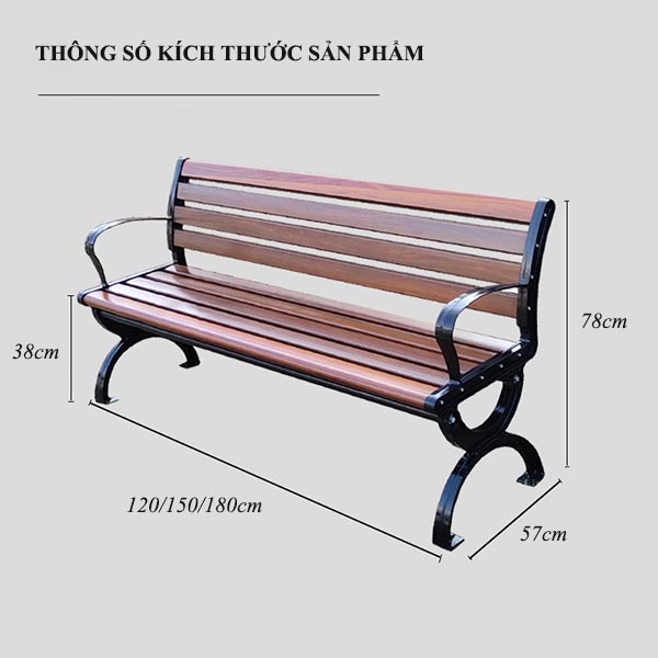 Kích thước ghế công viên giả gỗ 1m5 có tựa lưng