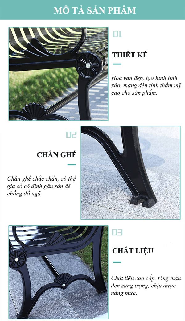 Hình ảnh mô tả ghế ngoài trời phun sơn đen 1m5