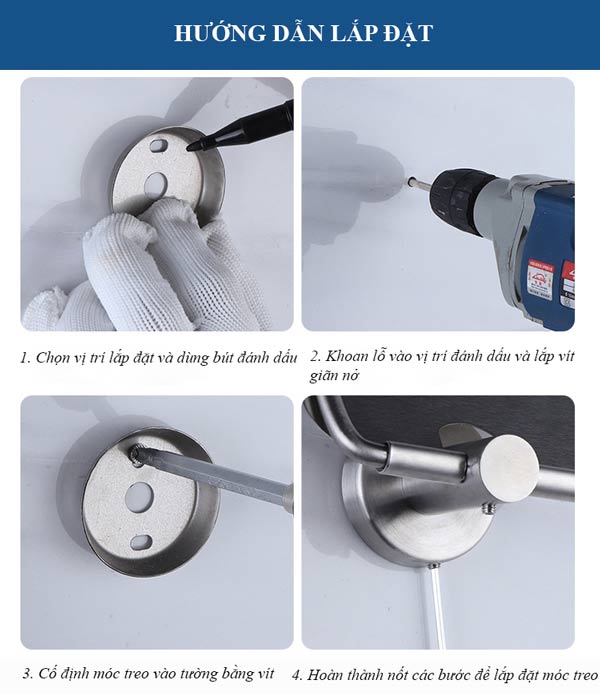 Hình ảnh hướng dẫn lắp đặt móc treo giấy vệ sinh gắn tường
