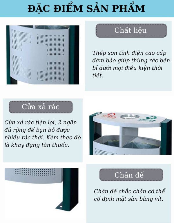 Chi tiết đặc điểm của thùng rác công cộng có gạt tàn