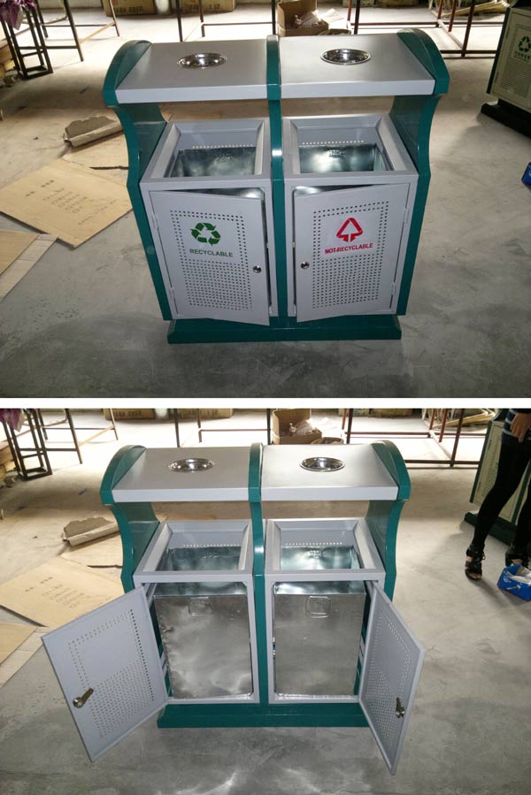 Hình ảnh thực tế thùng rác thép 2 ngăn có gạt tàn