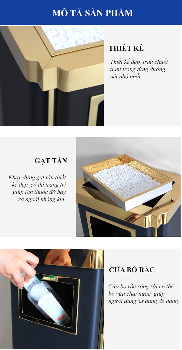 Hình ảnh mô tả chi tiết thùng rác thép sơn tĩnh điện có gạt tàn