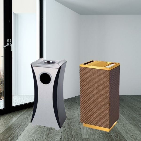 thùng rác inox bọc da vân caro