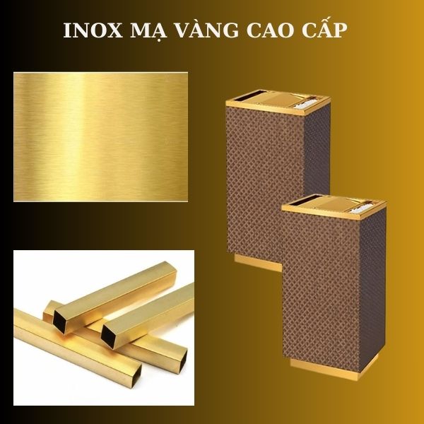 thùng rác trang trí bọc da kết hợp với inox mạ vàng đẹp mắt, sang trọng
