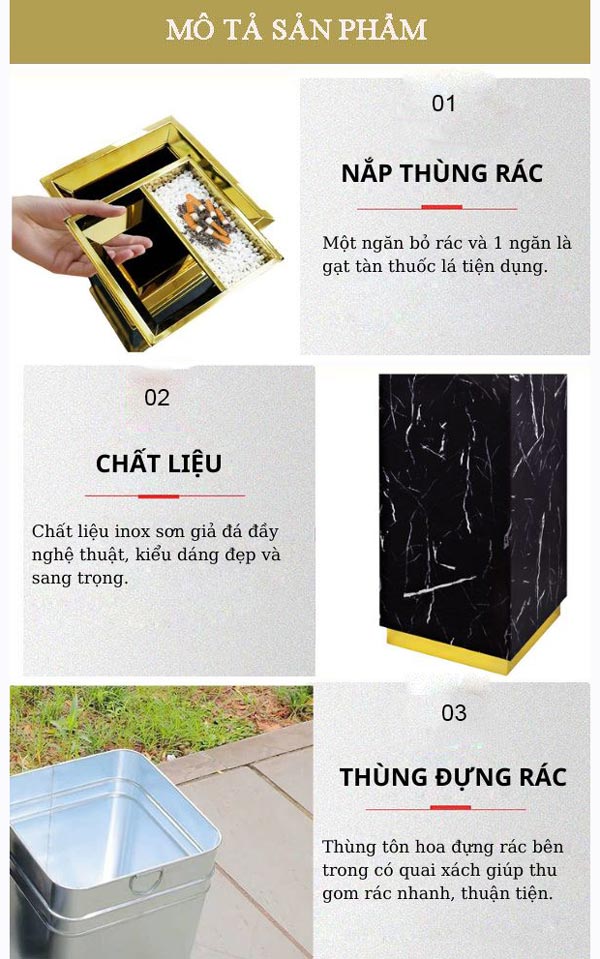 thùng rác inox giả đá có gạt tàn