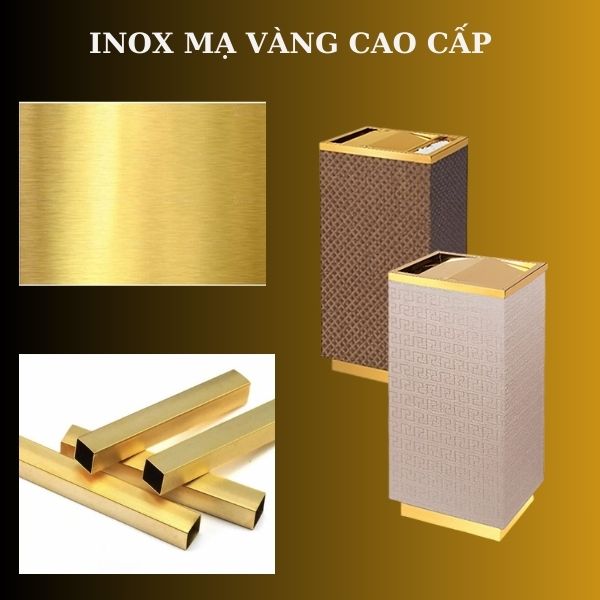 thùng rác trang trí bọc giả da kết hợp với inox cap cấp mạ vàng tạo nên vẻ đẹp sang trọng