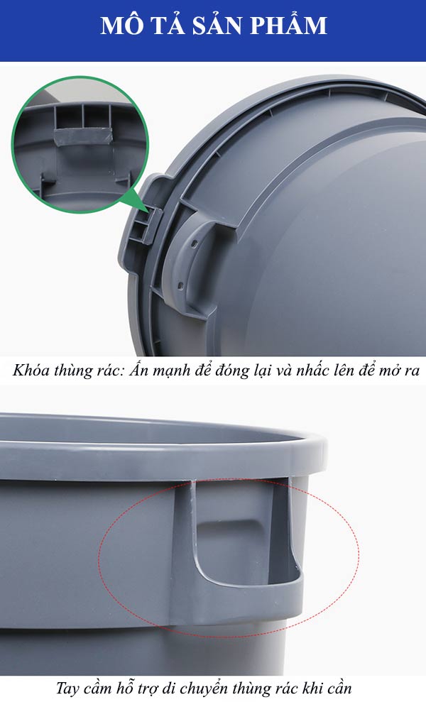 Thùng rác nhựa tròn có khóa thùng rác, tay cầm hỗ trợ di chuyển dễ dàng
