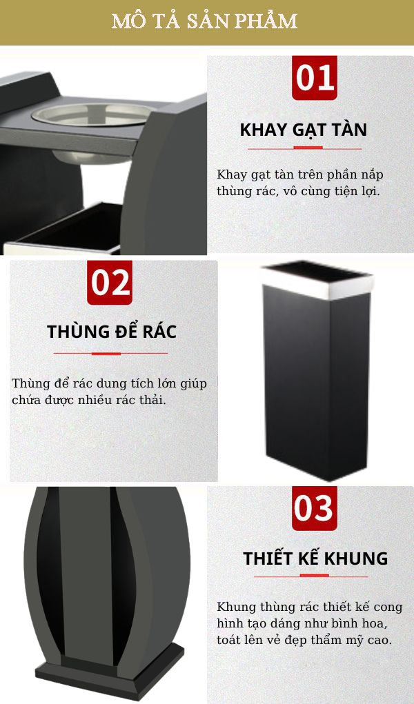 Hình ảnh mô tả thùng rác thép phun sơn đen có gạt tàn