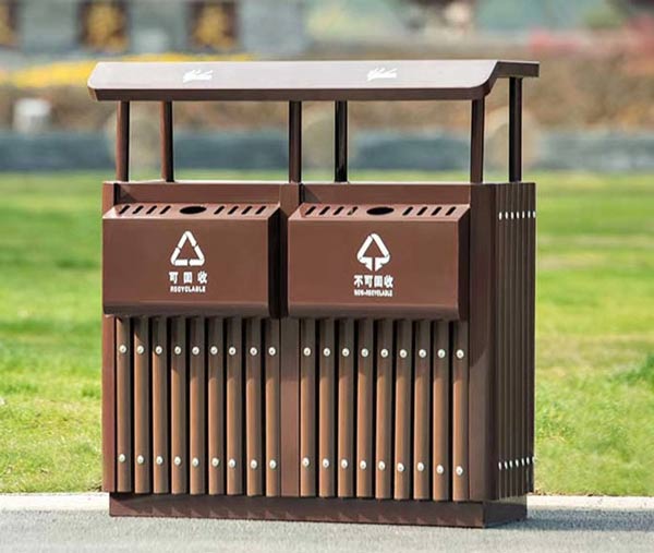 Thùng rác phân loại 2 ngăn bằng thép ngoài trời chất liệu bền bỉ, chịu được nắng mưa