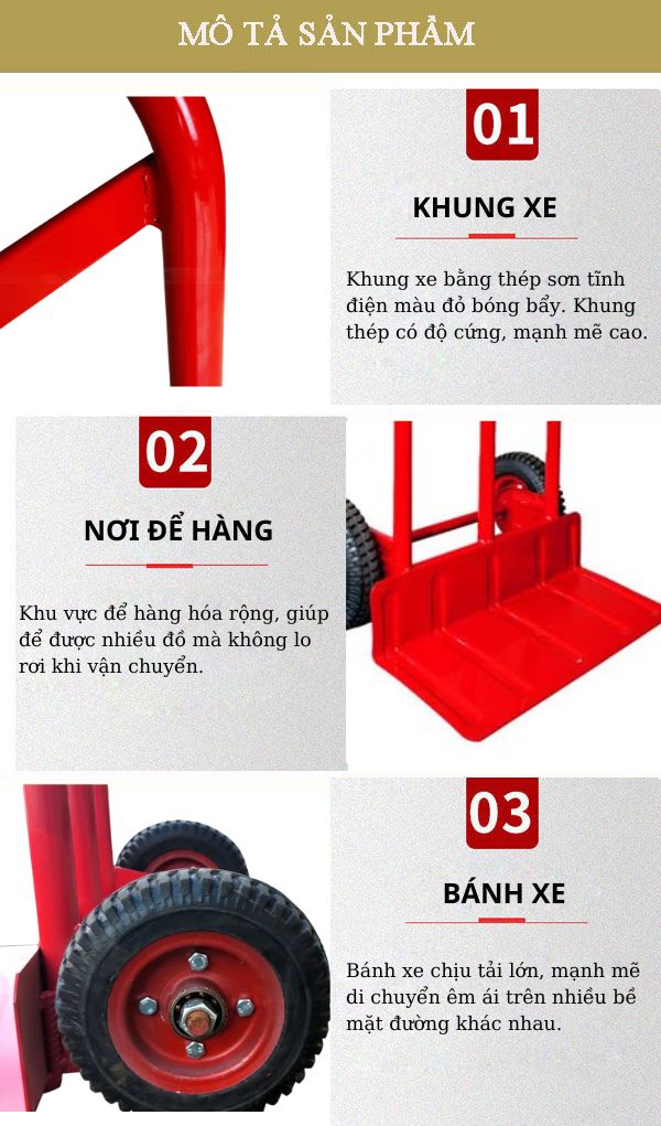 Hình ảnh mỗ tả chi tiết xe đẩy hàng hóa 2 bánh