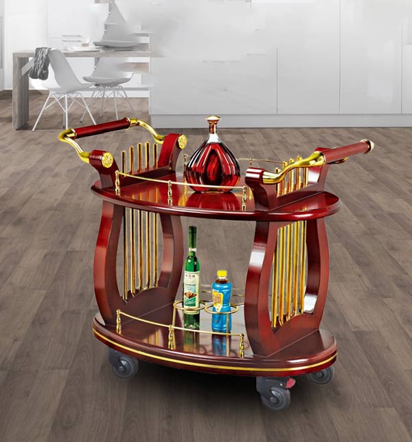 Xe đẩy phục vụ rượu bằng gỗ 2 tầng sang trọng, đẹp mắt