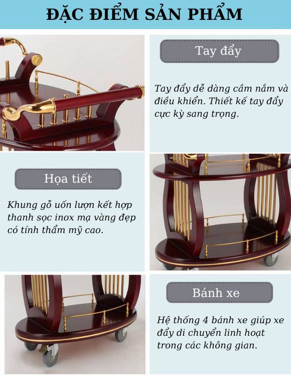 Hình ảnh mô tả đặc điêm xe đẩy phục vụ rượu bằng gỗ 2 tầng