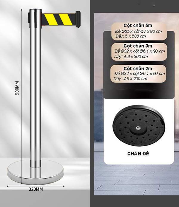 Kích thước cột chắn inox dây căng màu vàng đen