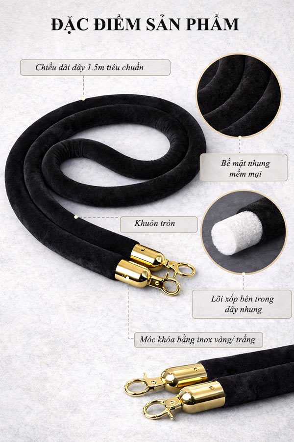 Hình ảnh mô tả dây nhung đen dùng cho cột chắn inox dây trùng