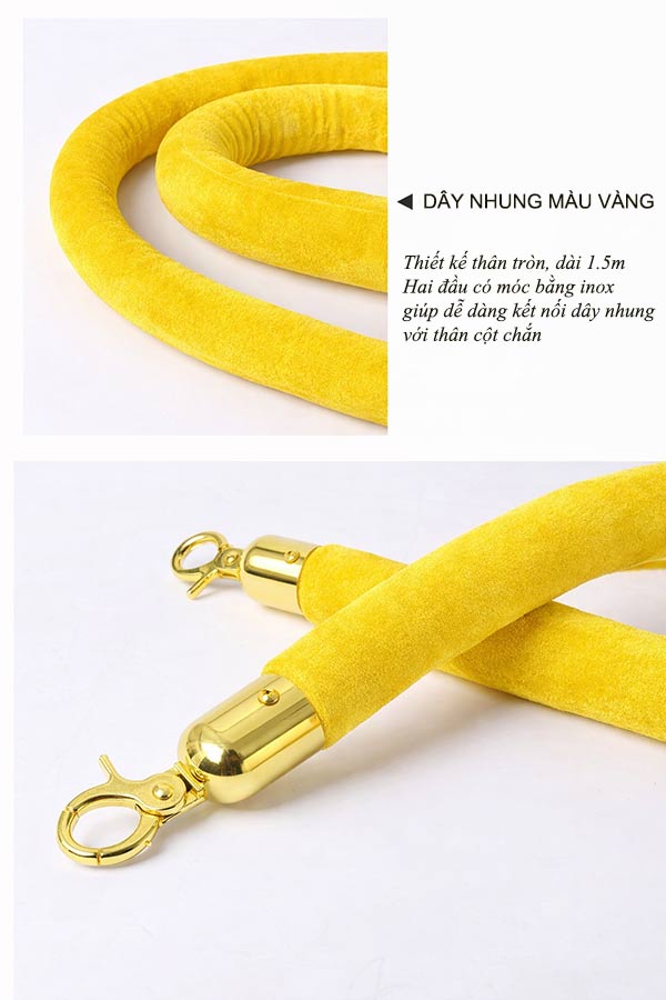 Dây nhung cột chắn inox màu vàng có móc khóa thông minh dễ dàng sử dụng
