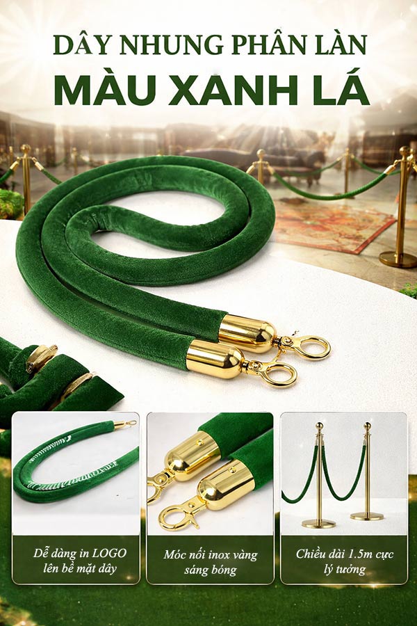 Hình ảnh mô tả đặc điểm dây nhung màu xanh lá dùng cho cột chắn phân làn