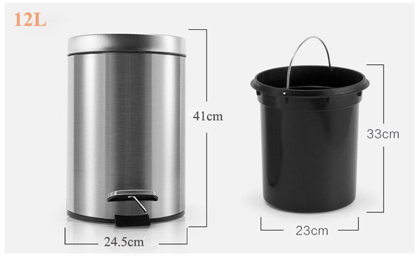 Kích thước thùng rác inox 304 đạp chân tròn 12L