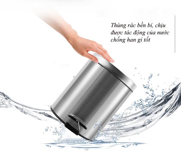 Thùng rác tròn đạp chân 5L có chất liệu inox 304 cao cấp, chống bám bẩn, gỉ sét tốt