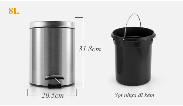 Kích thước thùng rác inox 304 đạp chân tròn 8L