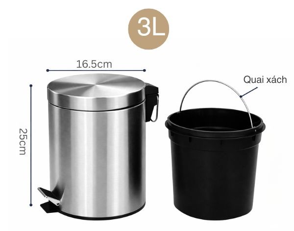 Kích thước thùng rác inox đạp chân tròn 3L