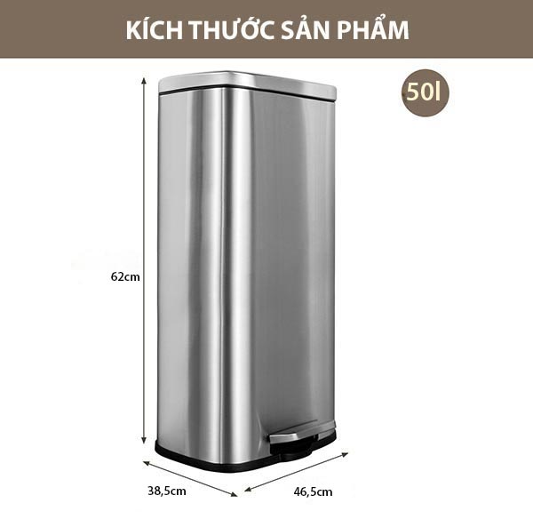 Kích thước thùng rác inox vuông đạp chân 50l