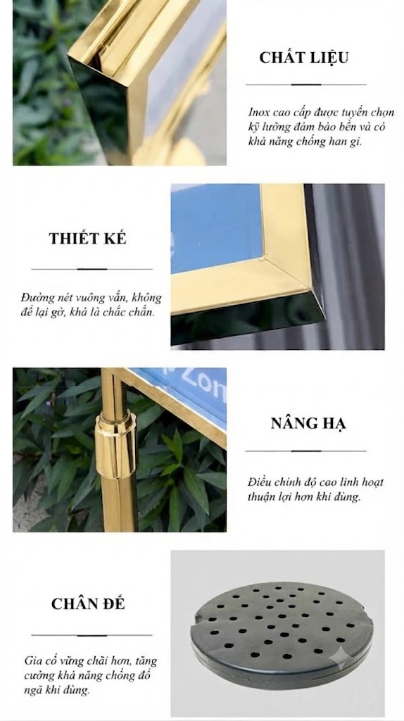 Hình ảnh mô tả chi tiết bảng menu inox vàng nâng hạ