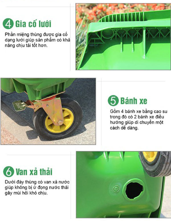 Hình ảnh mô tả chi tiết thùng rác nhựa HDPE 1100L màu xanh lá