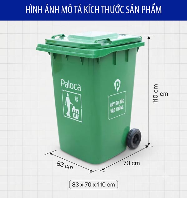Kích thước thùng rác nhựa hdpe 360l màu xanh lá