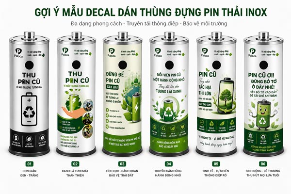 Hình ảnh các mẫu decal dán thùng đựng pin tái chế