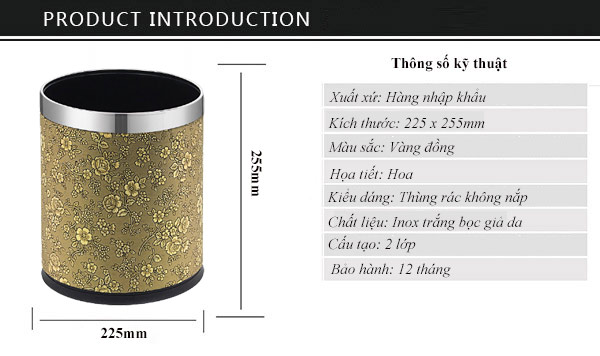 Kích thước thùng rác bọc da không nắp TLHTD-01P