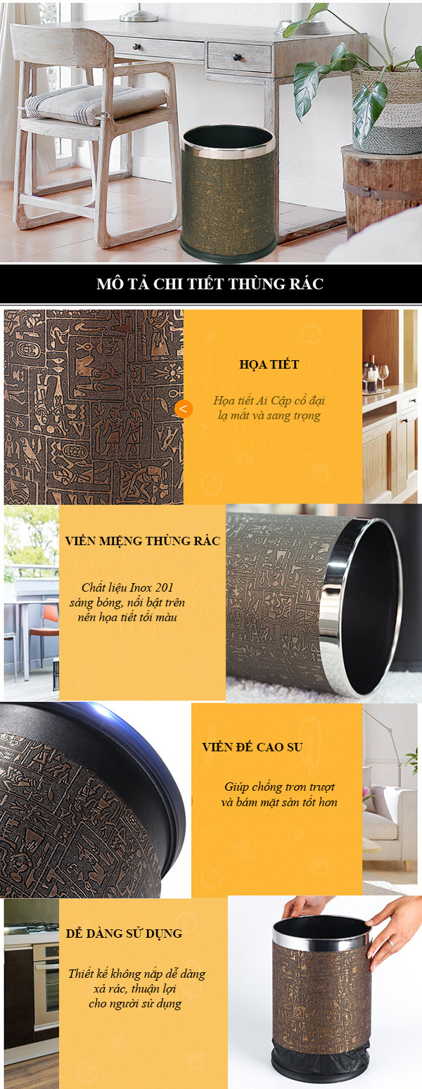 Hình ảnh mô tả chi tiết thùng rác văn phòng không nắp bọc giả da