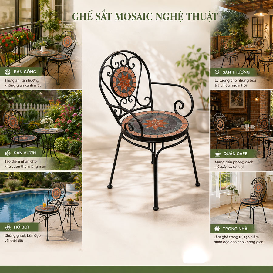 Ghế ngoài trời họa tiết Mosaic đa dạng không gian sử dụng