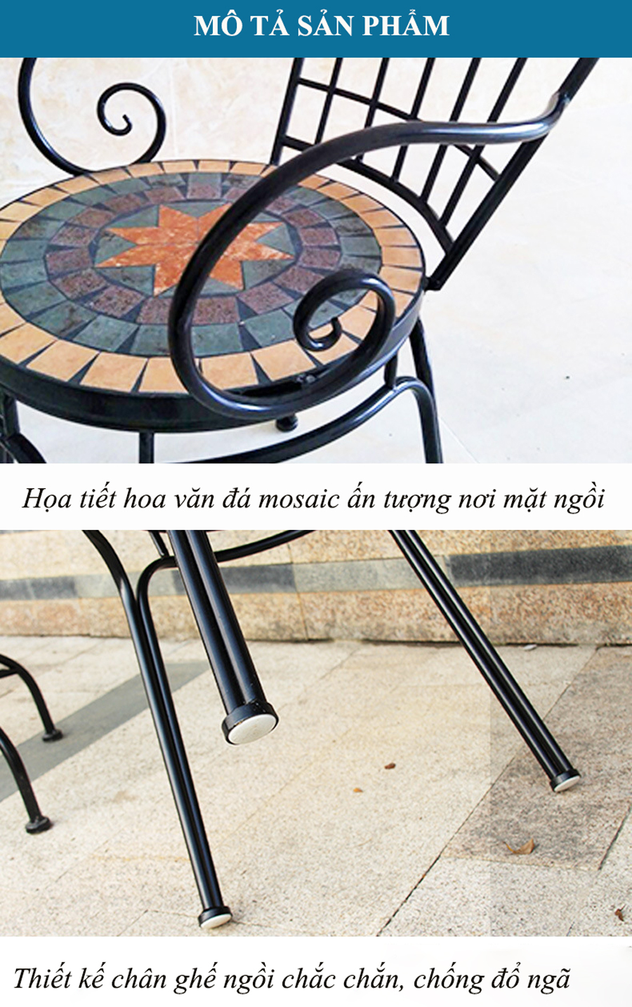 Hình ảnh mô tả chi tiết ghế ngoài trời họa tiết Mosaic