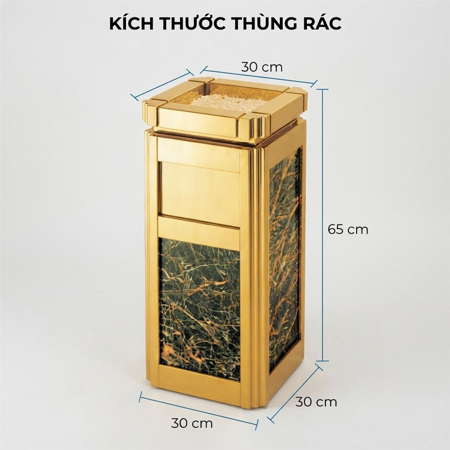 Kích thước thùng rác đá hoa cương inox vàng đá đen