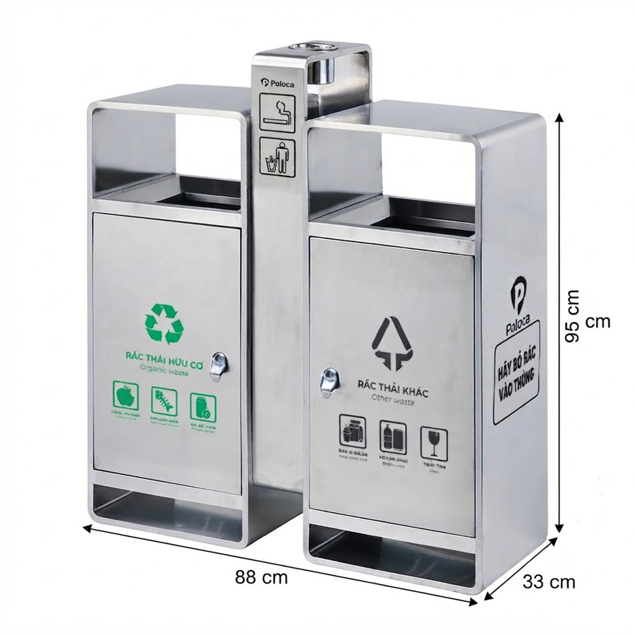 Kích thước thùng rác inox 2 ngăn ngoài trời có gạt tàn Paloca HTI2N63-GTI