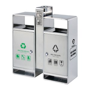 Thùng rác inox 2 ngăn ngoài trời có gạt tàn Paloca HTI2N63-GTI