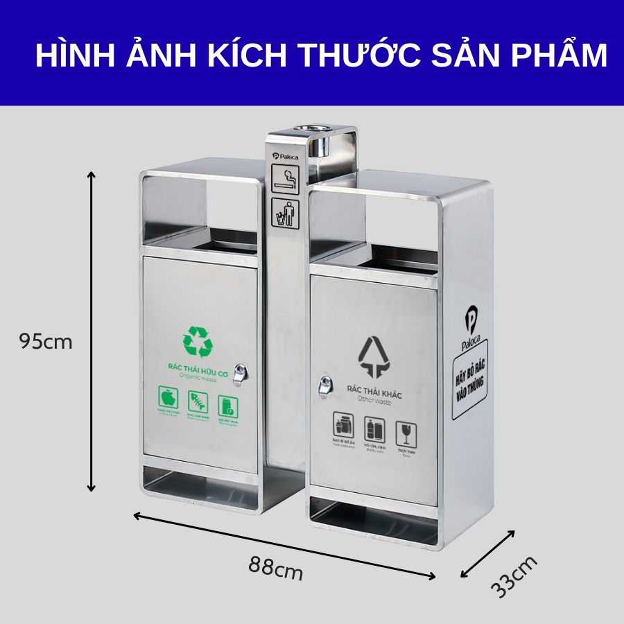 Kích thước thùng rác inox 304 2 ngăn phân loại Paloca HTI2N63-GTI304