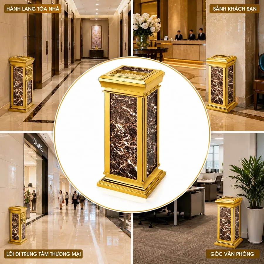 Thùng rác inox trụ vuông ốp đá đỏ có gạt tàn
