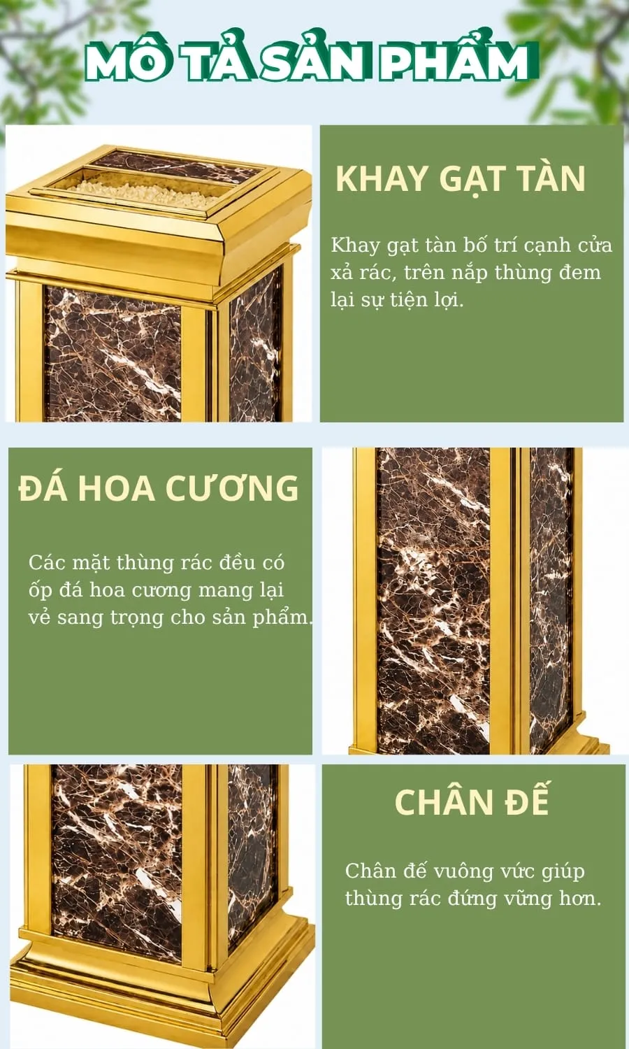 Thùng rác inox trụ vuông ốp đá đỏ có gạt tàn