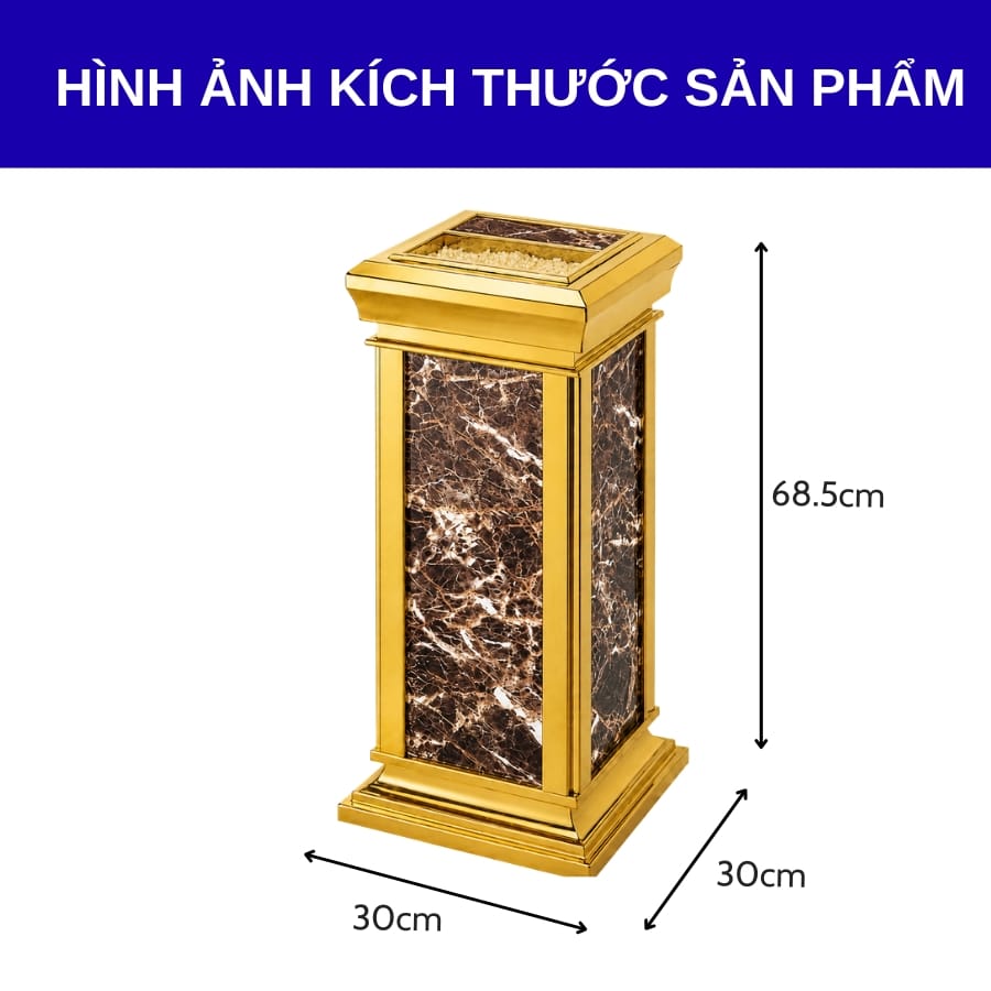 Thùng rác inox trụ vuông ốp đá đỏ có gạt tàn